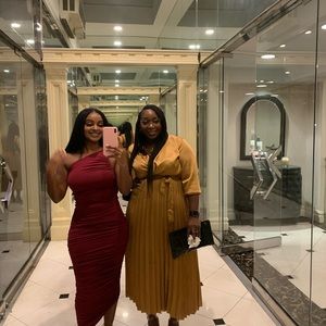 Oh Polly red wine ruched body on asymmetrical hemmed midi dress